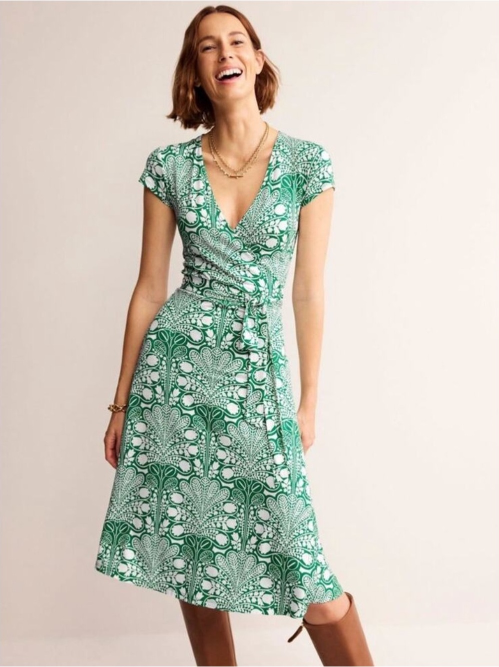 Boden Joanna Cap Sleeve Jersey Wrap Midi Dress 8R Green White